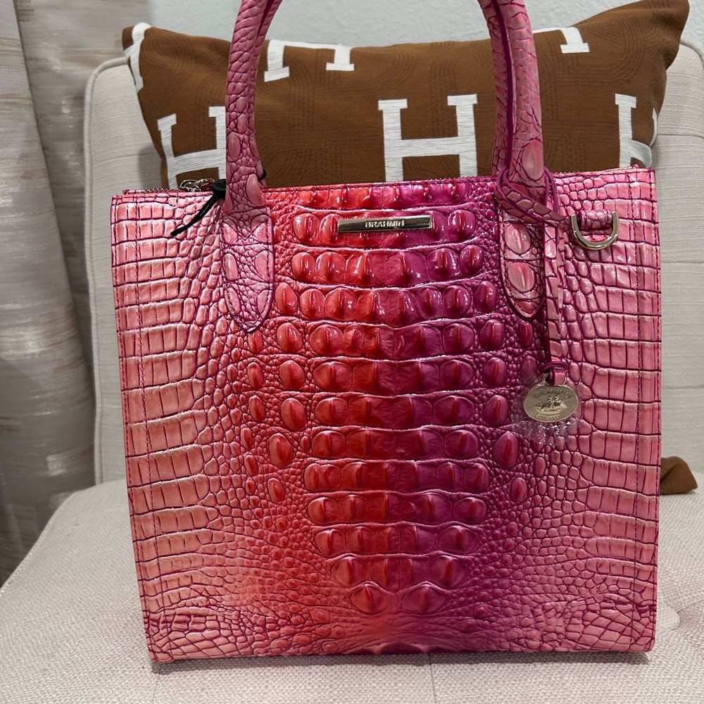 Brahmin Vibrant Pink Croc-Embossed Tote